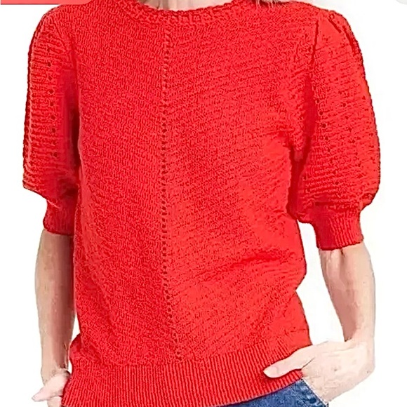 Knox Rose Women's Crewneck Short Sleeve Pointelle Sweater Red Open Knit Small - Picture 9 of 11
